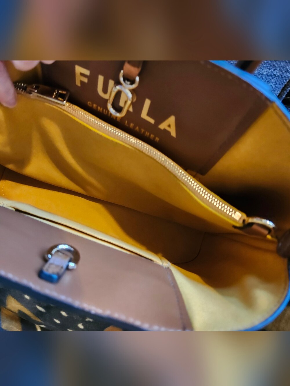Furla Gilda Cognac Brown Leather Mini Tote Handbag NWOT Mustard Suede Giftable - Picture 8 of 10